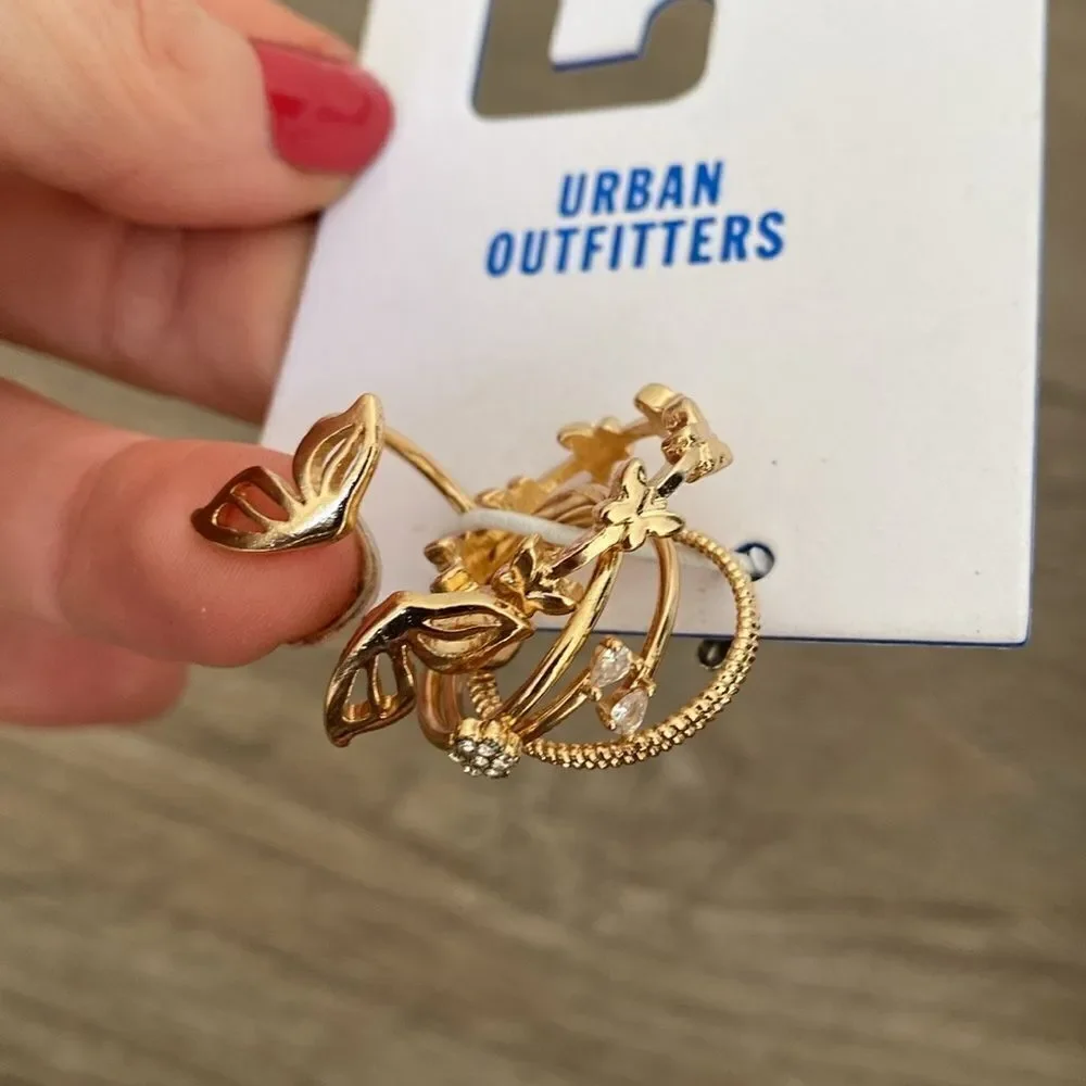 Urban Outfitters FlutterSet of Various Gold Plated Butterfly Stacking Rings